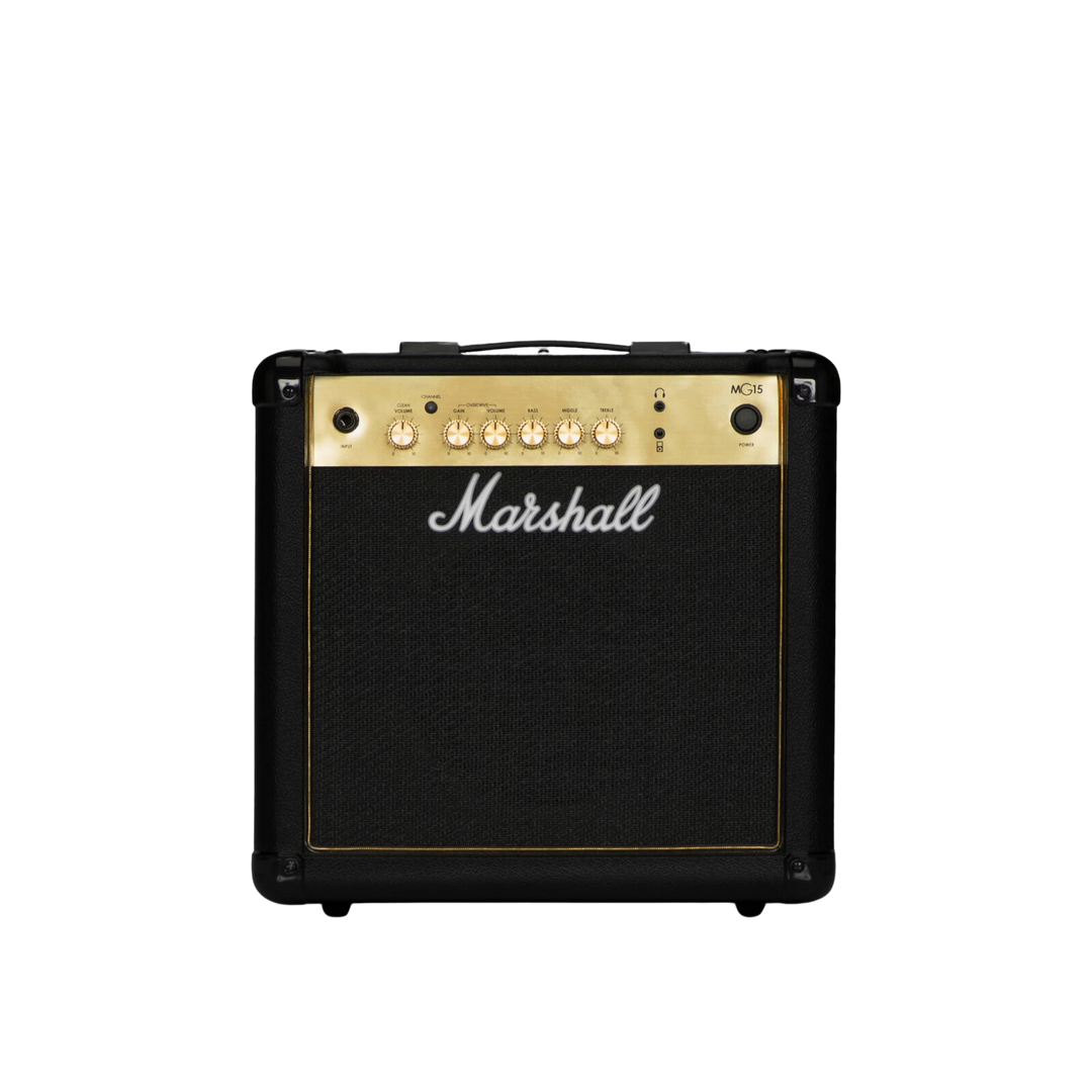 Marshall MG15 Gold | El Marshall MG15 Gold es un amplficador de guitarra compacto con el clásico tono característico de los amplificadores Marshall. Con 15W de potencia y un parlante de 8" es capaz de cubrir tus necesidades para ensayos, prácticas e inclu