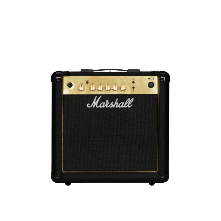 Marshall MG15 Gold | El Marshall MG15 Gold es un amplficador de guitarra compacto con el clásico tono característico de los amplificadores Marshall. Con 15W de potencia y un parlante de 8" es capaz de cubrir tus necesidades para ensayos, prácticas e inclu