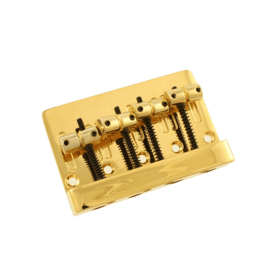 Economy Heavy Duty Bass Bridge 4 strings (Gold) | Economy heavy-duty bass bridge, 2-1/4" string spacing. | Gearhub