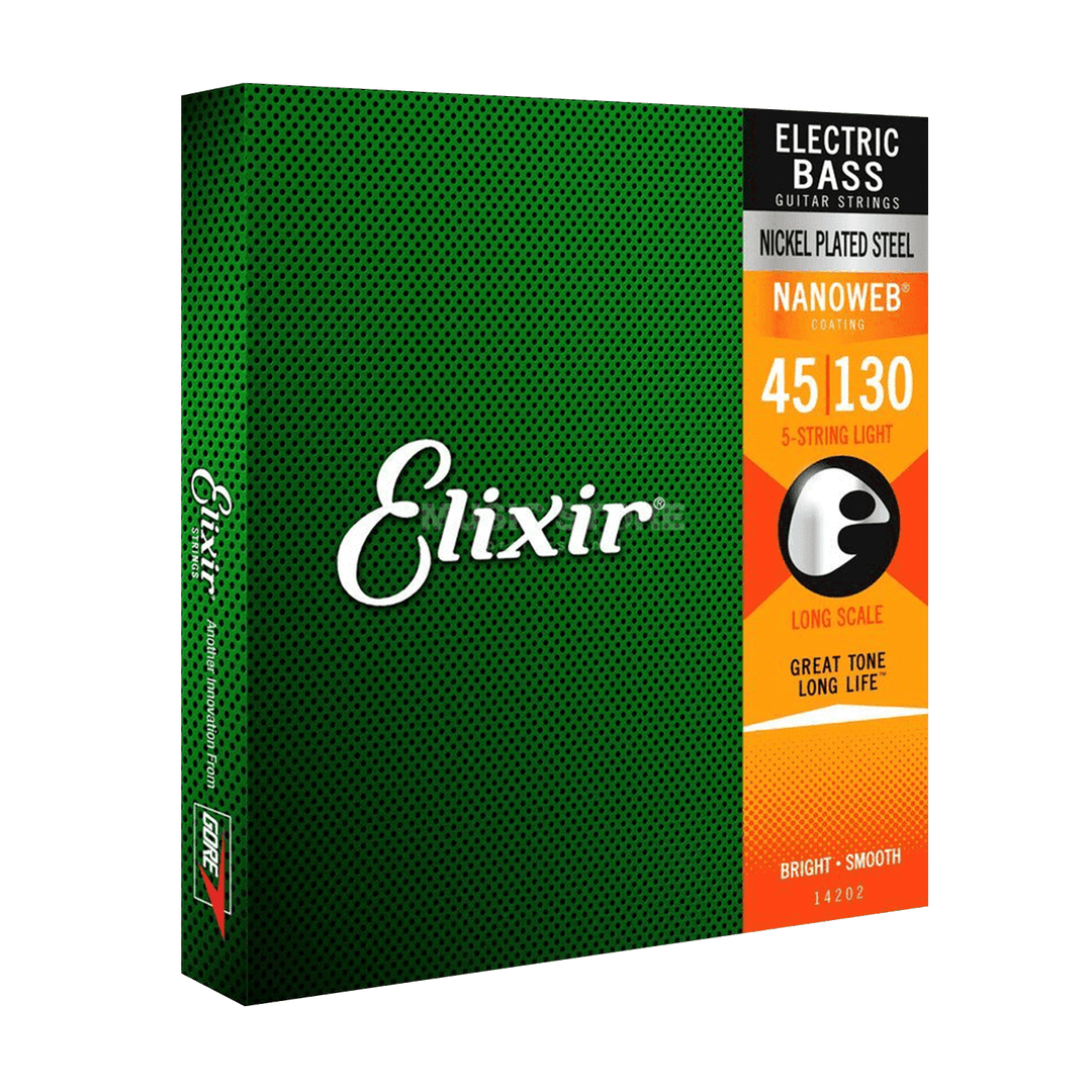 Elixir Nanoweb Nickel Plated Steel 5 (45-130) - Cuerdas de Bajo Eléctrico | Las cuerdas de bajo Elixir® Nickel Plated Steel con recubrimiento NANOWEB® ofrecen un sonido rico y redondeado con mayor claridad y una mayor presencia de rango medio. Trabajando