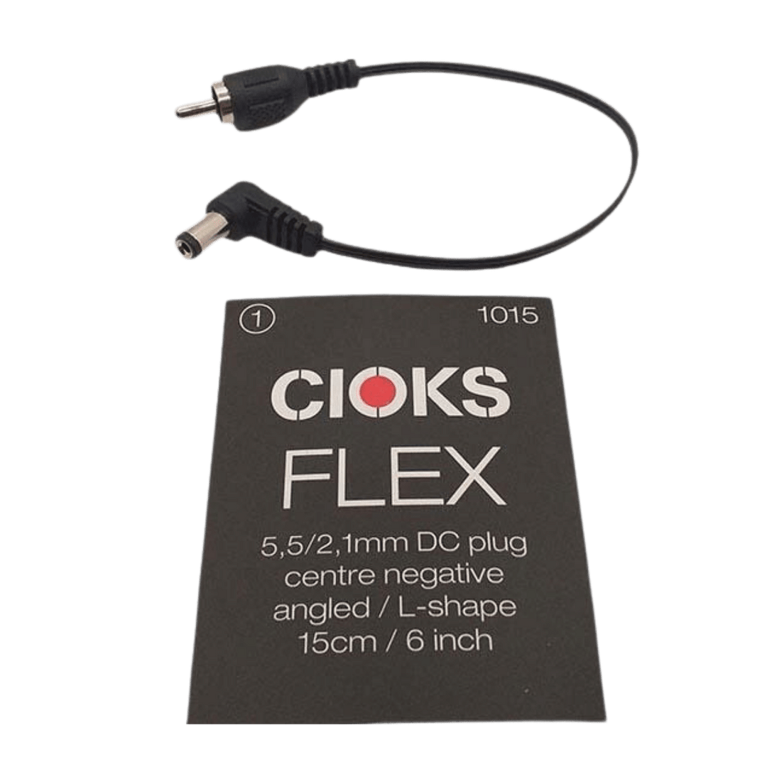 CIOKS Cable DC Negativo Type 1 STD | Los cables Flex de Tipo 1 son de color negro y están equipados con un enchufe DC de 5,5/2,1mm de centro negativo. Es el tipo más común, también conocido como el estándar BOSS. Para la mayoría de las aplicaciones, ofrec