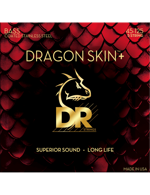 DR Dragon Skin+ (45-125) Recubiertas - Cuerdas de Bajo Eléctrico | Descripción Dragon Skin+ Cuerdas Recubiertas + Acero inoxidable = Tono Superior Las cuerdas Dragon Skin+ han sido mejoradas para una ejecución superior que es musical, equilibrada y muy fu