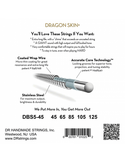 DR Dragon Skin+ (45-125) Recubiertas - Cuerdas de Bajo Eléctrico