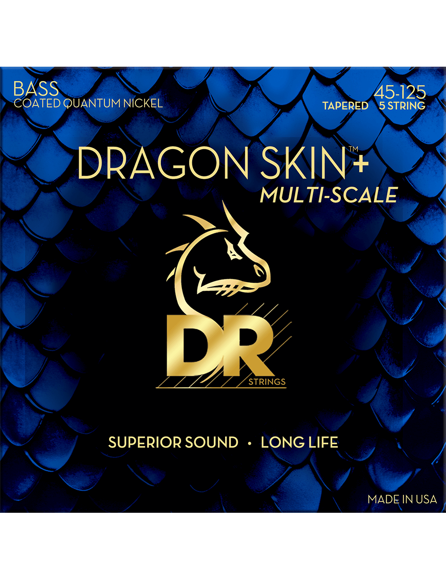 DR Dragon Skin+ (45-125) Multiescala Recubiertas - Cuerdas de Bajo Eléctrico | Descripción Las cuerdas Dragon Skin+ han sido mejoradas para una ejecución superior que es musical, equilibrada y muy fuerte. La Accurate Core Technology (ACT) incorporada en e