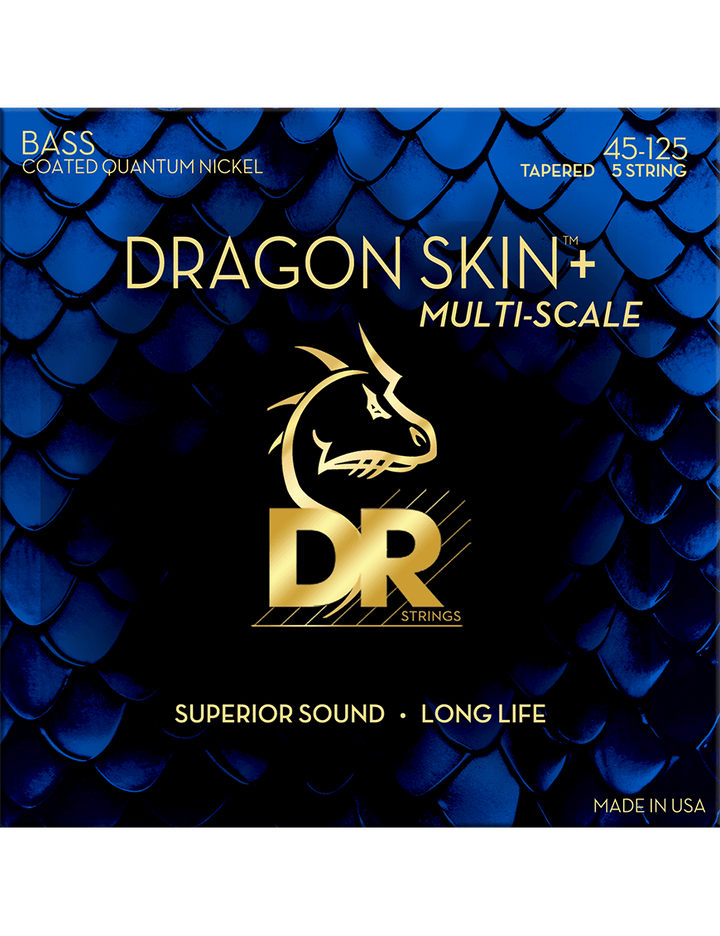 DR Dragon Skin+ (45-125) Multiescala Recubiertas - Cuerdas de Bajo Eléctrico | Descripción Las cuerdas Dragon Skin+ han sido mejoradas para una ejecución superior que es musical, equilibrada y muy fuerte. La Accurate Core Technology (ACT) incorporada en e