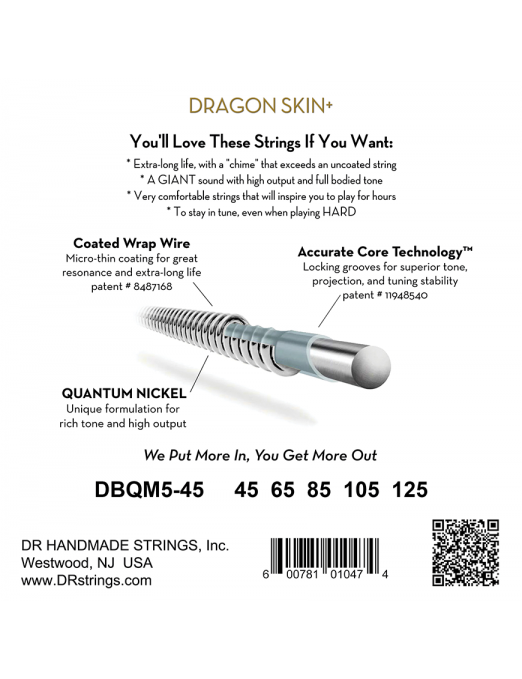 DR Dragon Skin+ (45-125) Multiescala Recubiertas - Cuerdas de Bajo Eléctrico