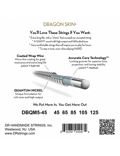 DR Dragon Skin+ (45-125) Multiescala Recubiertas - Cuerdas de Bajo Eléctrico