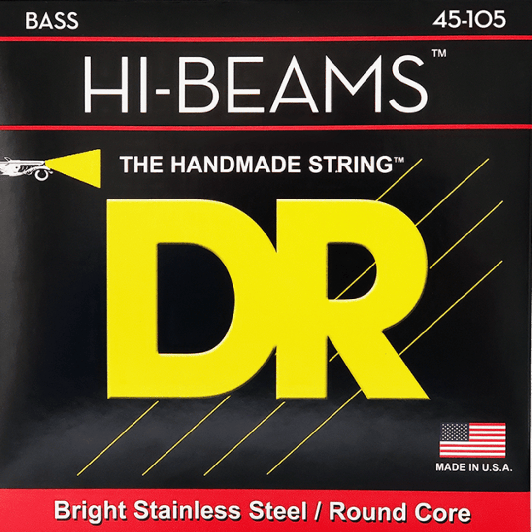 DR Hi-Beam 4 (45-105) - Cuerdas de Bajo Eléctrico | Descripción Las cuerdas para bajos de acero inoxidable Hi-Beams™ son enrolladas y construidas sobre un núcleo redondo que es único en la industria. Para fabricar la cuerdas Hi-Beams™ se requiere mucho má