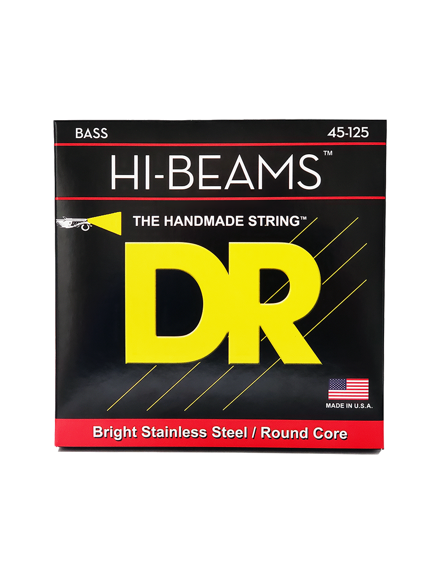 DR Hi-Beam 5 (45-125) - Cuerdas de Bajo Eléctrico | Descripción Las cuerdas para bajos de acero inoxidable Hi-Beams™ son enrolladas y construidas sobre un núcleo redondo que es único en la industria. Para fabricar la cuerdas Hi-Beams™ se requiere mucho má