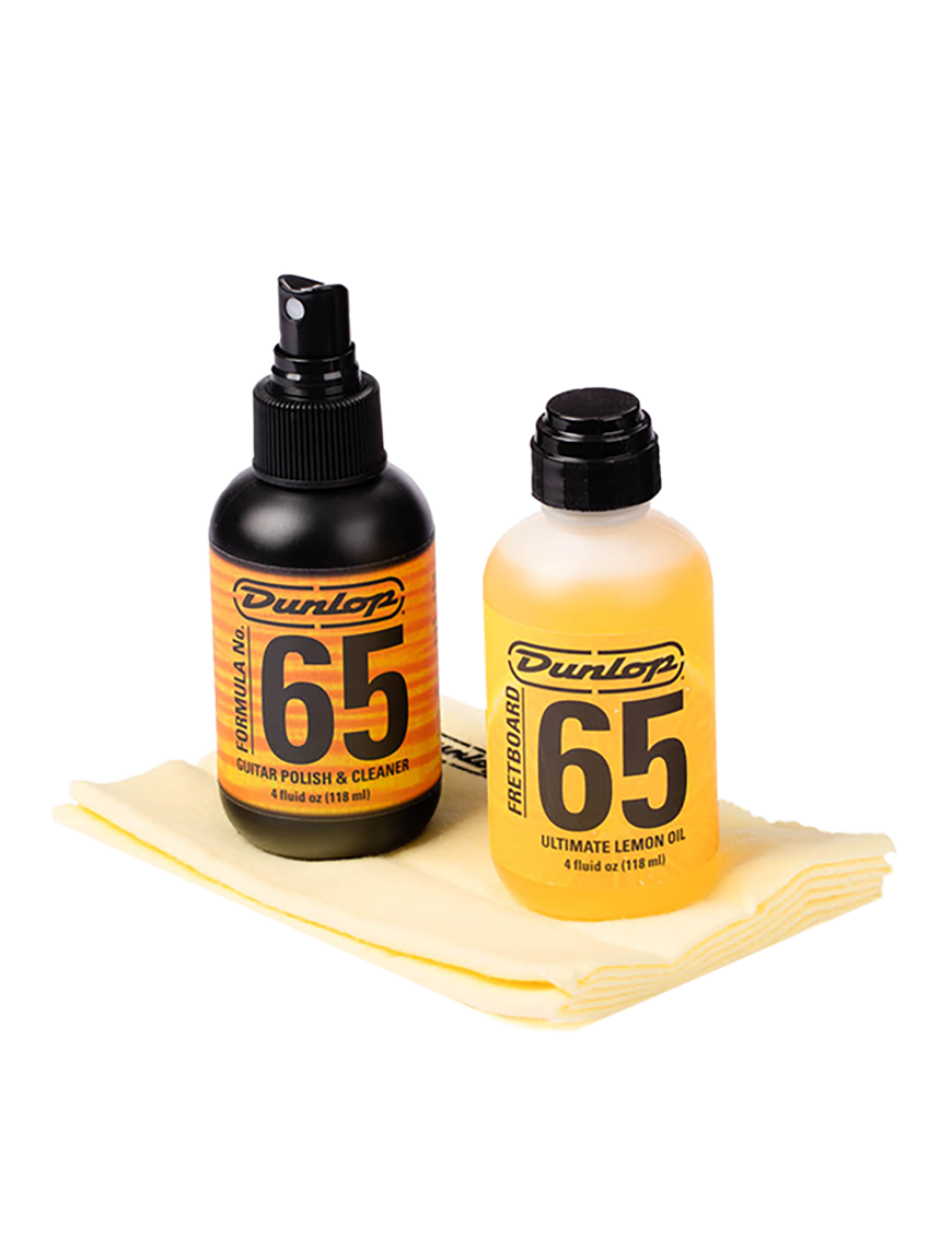 Dunlop 6503 Mantenimiento Guitarra/Bajo - Kit de Limpieza | Fretboard 65 Ultimate Lemon Oil y Formula 65 Polish son elegidos por músicos y técnicos de todo el mundo para mantener sus instrumentos en plena forma. Incluye: Formula 65 Polish Cleaner 118ml Ul