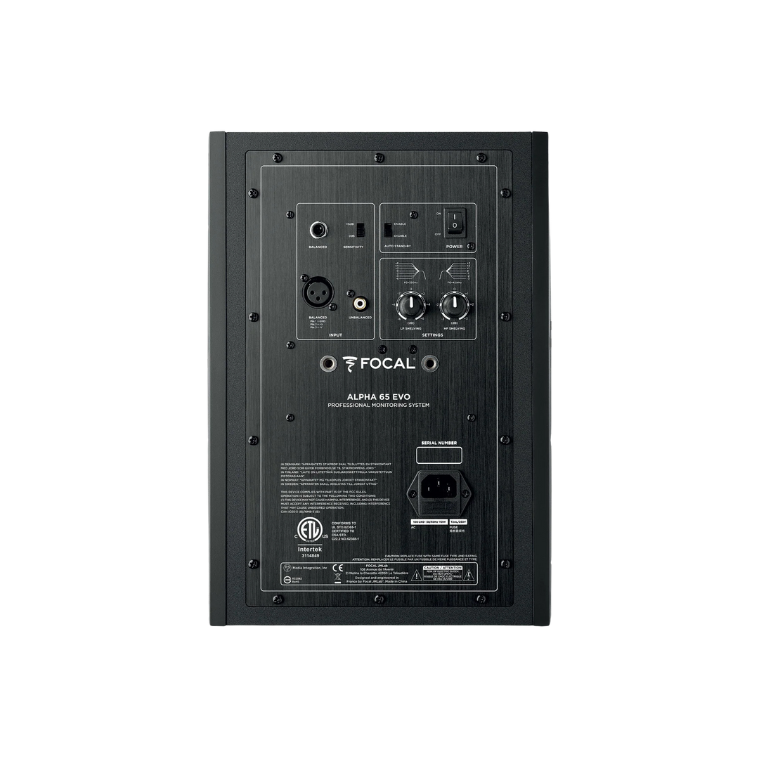Focal Alpha 65 Evo - Monitor Estudio Activo 6.5" | Monitor de estudio activo biamplificado de dos vías, diseñado para aplicaciones de mezcla, grabación y producción profesional. Sistema Acústico Configuración: Monitor activo de 2 vías. Woofer: 6,5″ (16,5