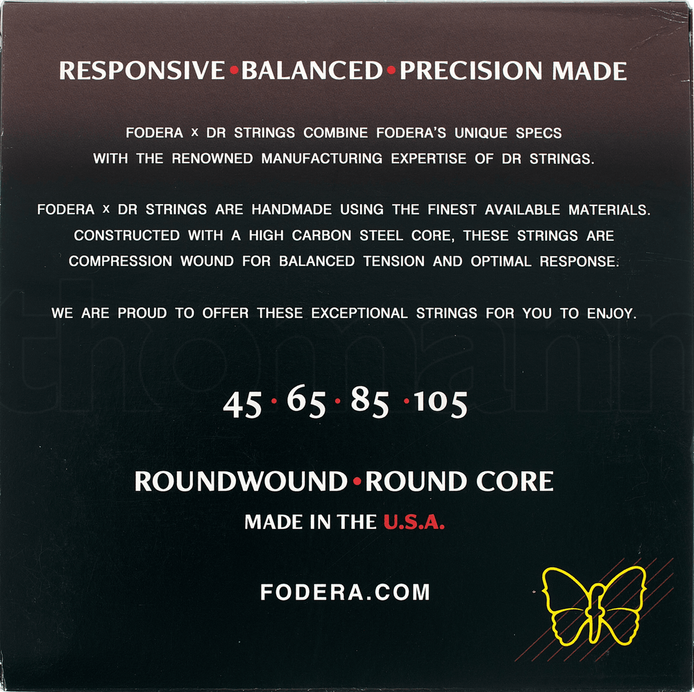 Fodera x DR 4 Strings Set Nickel Medium (45-105) - Cuerdas de Bajo Eléctrico | Descripción Fodera x DR Strings combina las especificaciones únicas de Fodera con la reconocida experiencia en fabricación de DR Strings. Estas cuerdas, hechas a mano con los m