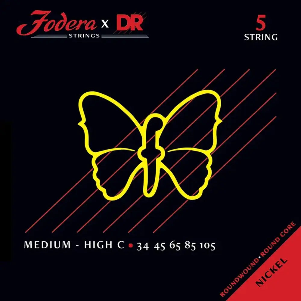Fodera x DR 5 Strings Set Nickel Medium / High C (34-105) - Cuerdas de Bajo Eléctrico | Descripción Fodera x DR Strings combina las especificaciones únicas de Fodera con la reconocida experiencia en fabricación de DR Strings. Estas cuerdas, hechas a mano