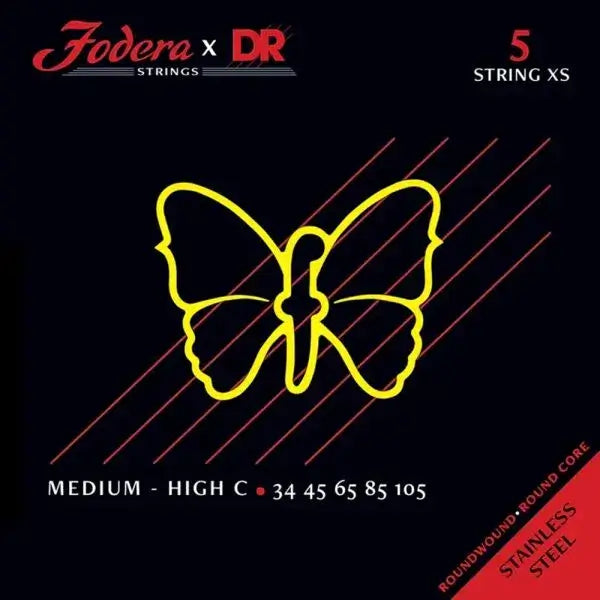 Fodera x DR 5 Strings Set Stainless Steel Medium / High C (34-105) - Cuerdas de Bajo Eléctrico | Descripción Fodera x DR Strings combina las especificaciones únicas de Fodera con la reconocida experiencia en fabricación de DR Strings. Estas cuerdas, hecha