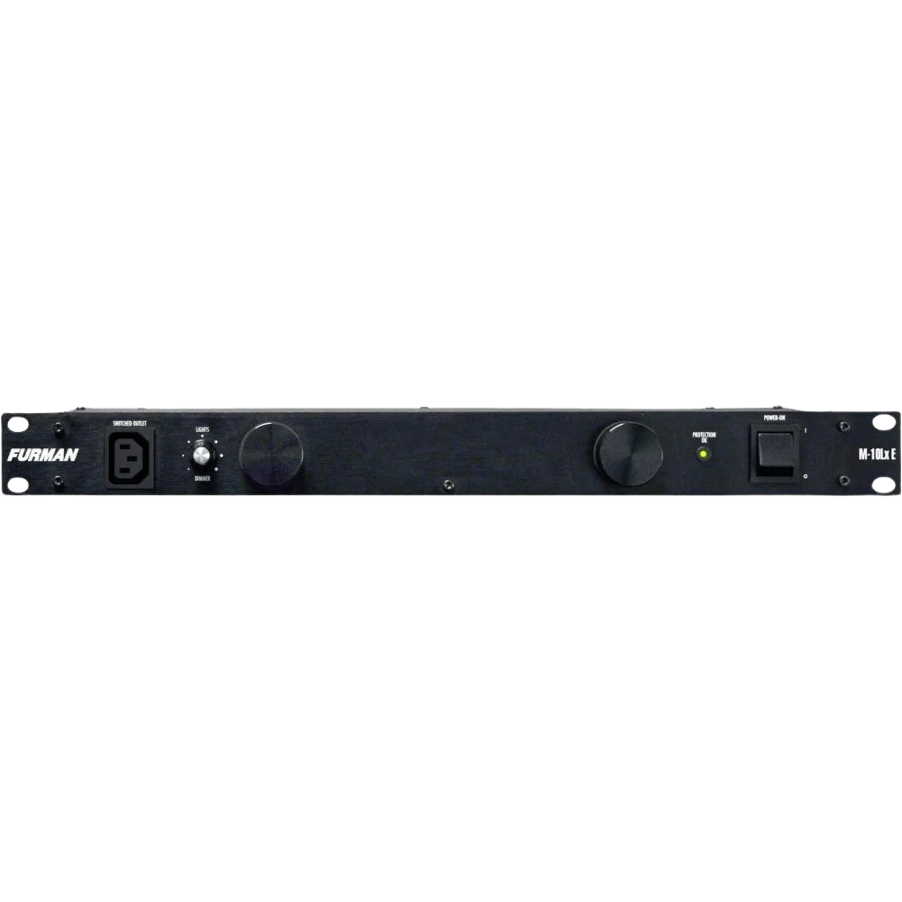 Furman M-10XLE - Distribuidor Energia 10A/230V Serie Merit | Acondicionador de energía de 1U para racks de 19", diseñado para operar a 230V con una carga máxima de 10A. Cuenta con 11 salidas IEC C13, supresión de picos de hasta 12.000A y filtrado de inter