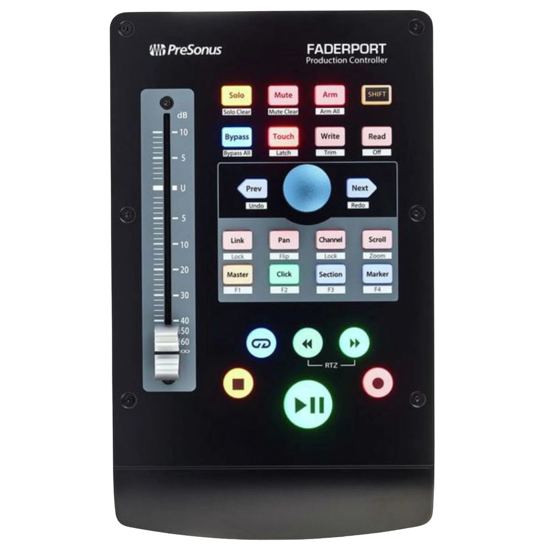 Presonus FaderPort v2 - Controlador de Superficie | Controlador de superficie compacto con un fader motorizado de 100 mm sensible al tacto. Ofrece controles dedicados para transporte, automatización, navegación y edición de plug-ins. Su codificador rotato
