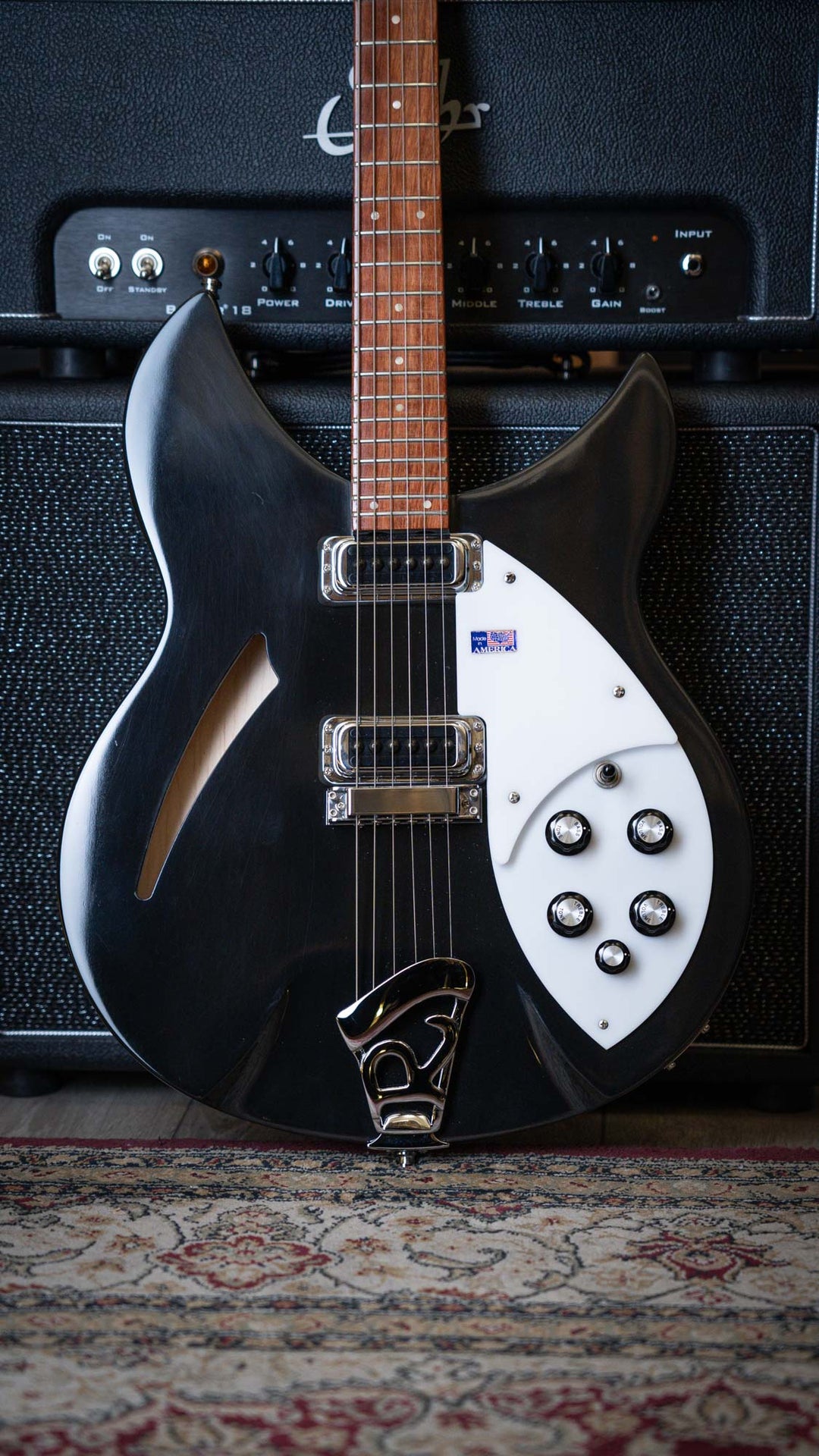 Rickenbacker 330 Jetglo 2006 - Guitarra Eléctrica | Careful acoustic research has resulted in the full, rich and warm sound of this popular model. Two single coil pickups on a full size body are accented by a traditionally shaped sound hole. The 24 fret R