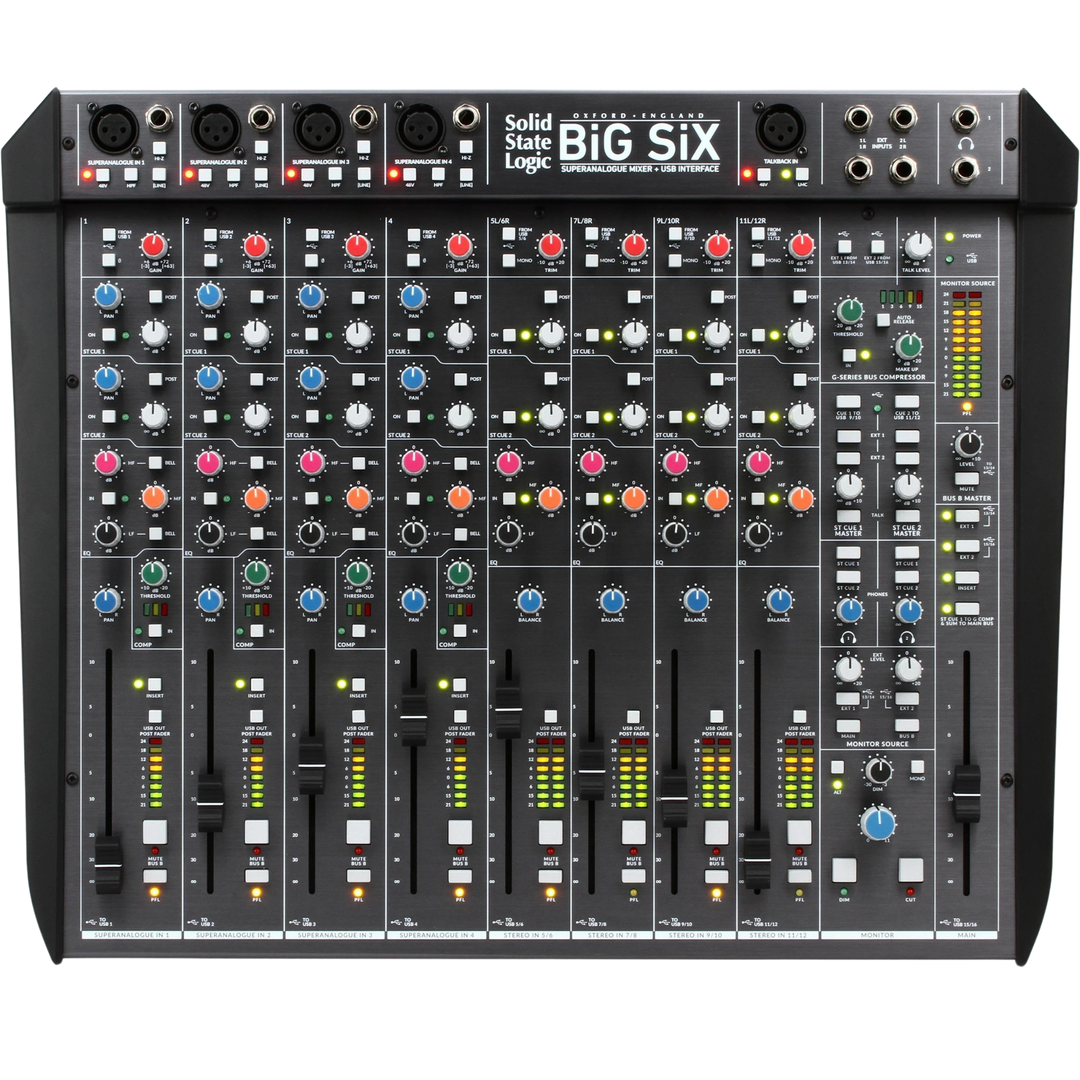 Solid State Logic Big Six - Mezclador de Estudio Analógico de 12 Canales e Interfaz | BiG SiX combina herramientas de producción de icónicas consolas de estudio SSL con lo último en flujo de trabajo híbrido. El famoso Bus Compressor de la serie G , ecuali