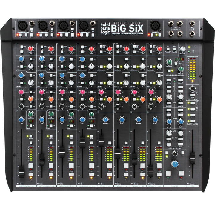 Solid State Logic Big Six - Mezclador de Estudio Analógico de 12 Canales e Interfaz | BiG SiX combina herramientas de producción de icónicas consolas de estudio SSL con lo último en flujo de trabajo híbrido. El famoso Bus Compressor de la serie G , ecuali