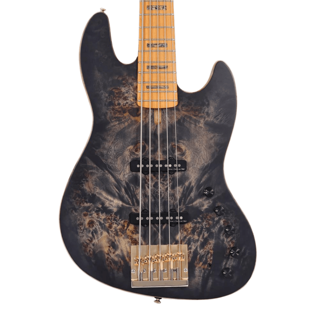 Sire V10-5 Transparent Black Satin Poplar Burl (2nd Gen) - Bajo Eléctrico | Un modelo de alta calidad en la serie Sire Marcus Miller. El Sire V10 coloca a la serie V en otro nivel en términos de detalle, tocabilidad y comodidad. Con un mástil de arce flam