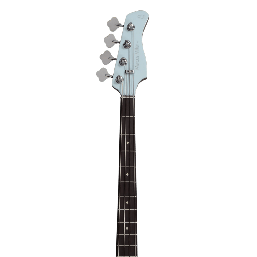 Sire V3P-5 Sonic Blue - Bajo Eléctrico | Cuerpo • Modelo: V• Madera: Mahogany / Caoba• Terminación: Poliuretano Brazo • Madera: Canadian Hard Maple / Arce• Perfil: “C”• Terminación: Satin • Espaciado: 18mm• Escala: 34” • Nuez: Hueso Diapasón • Madera: Ros