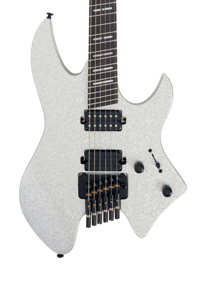 Sire X6 Headless Silver Sparkle - Guitarra Eléctrica | Cuerpo • Modelo: Sire X-Headless Shape • Madera: Mahogany• Top: Maple• Terminación: Silver Sparkle Gloss Brazo • Madera: Hard Maple (Reverse Head Shape)• Perfil: C-Shape• Terminación: Gloss • Escala: