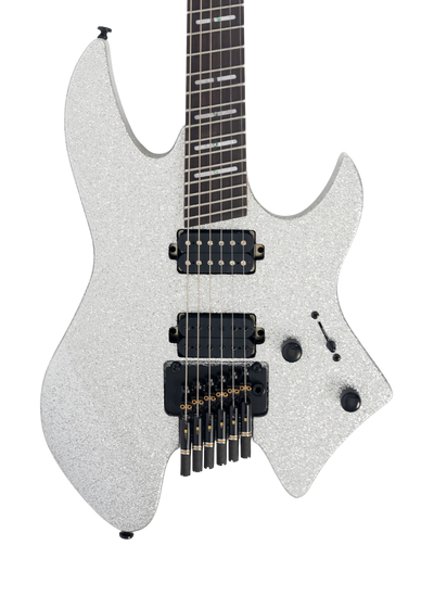 Sire X6 Headless Silver Sparkle - Guitarra Eléctrica | Cuerpo • Modelo: Sire X-Headless Shape • Madera: Mahogany• Top: Maple• Terminación: Silver Sparkle Gloss Brazo • Madera: Hard Maple (Reverse Head Shape)• Perfil: C-Shape• Terminación: Gloss • Escala:
