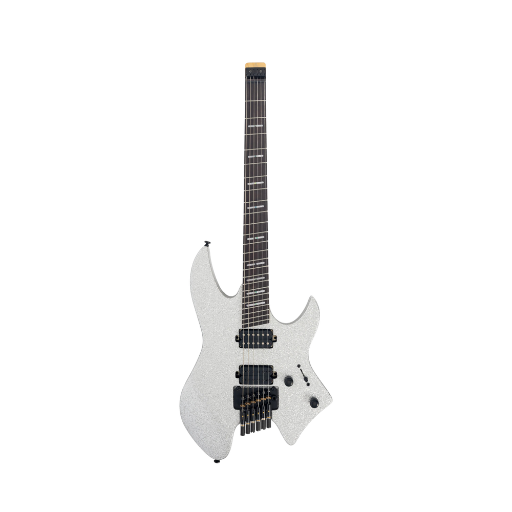 Sire X6 Headless Silver Sparkle - Guitarra Eléctrica | Cuerpo • Modelo: Sire X-Headless Shape • Madera: Mahogany• Top: Maple• Terminación: Silver Sparkle Gloss Brazo • Madera: Hard Maple (Reverse Head Shape)• Perfil: C-Shape• Terminación: Gloss • Escala: