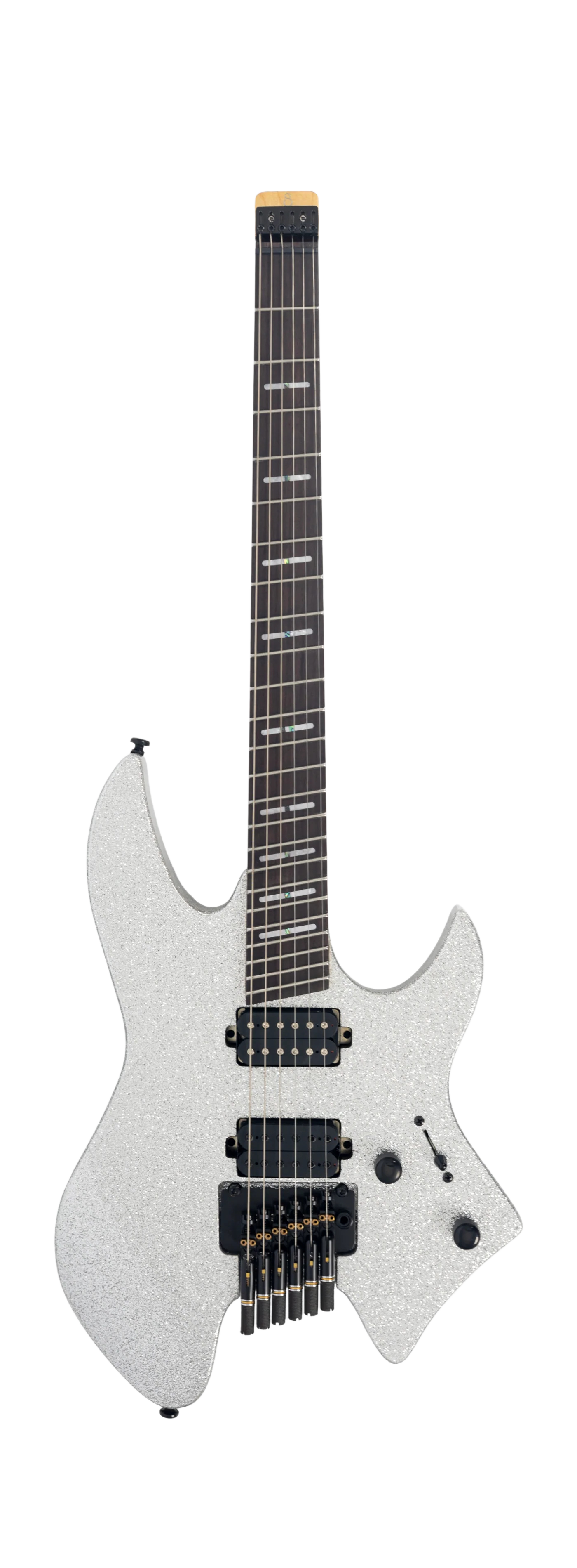 Sire X6 Headless Silver Sparkle - Guitarra Eléctrica | Cuerpo • Modelo: Sire X-Headless Shape • Madera: Mahogany• Top: Maple• Terminación: Silver Sparkle Gloss Brazo • Madera: Hard Maple (Reverse Head Shape)• Perfil: C-Shape• Terminación: Gloss • Escala: