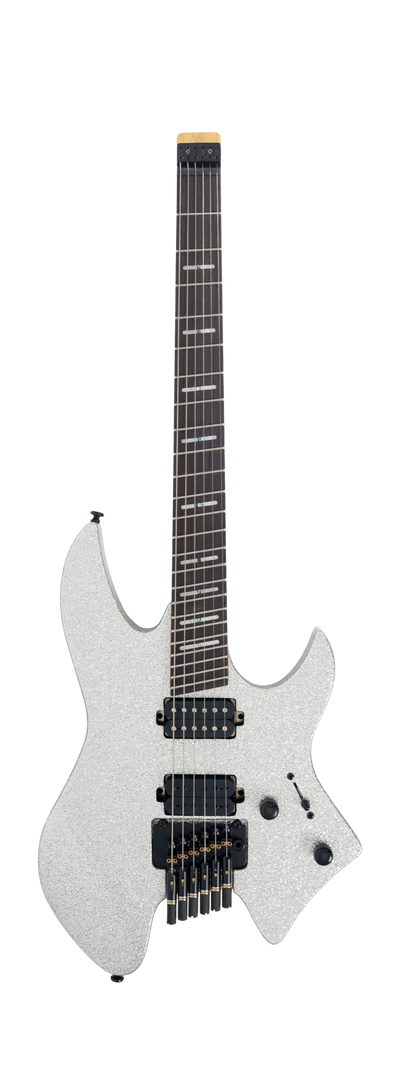 Sire X6 Headless Silver Sparkle - Guitarra Eléctrica | Cuerpo • Modelo: Sire X-Headless Shape • Madera: Mahogany• Top: Maple• Terminación: Silver Sparkle Gloss Brazo • Madera: Hard Maple (Reverse Head Shape)• Perfil: C-Shape• Terminación: Gloss • Escala: