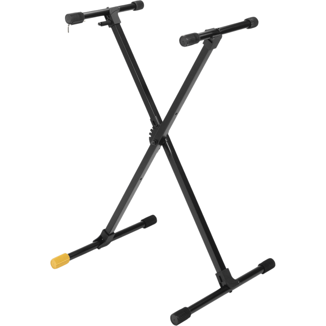 Hercules KS118B BK - Atril Teclado Plegable | Atril para teclados base metálica liviano de doble barra cruzada y seguro push/pull, es plegable a 5 posiciones, superficies antideslizantes. útil para sobreponer pianos de peso mediano y pesado. Diseño clásic