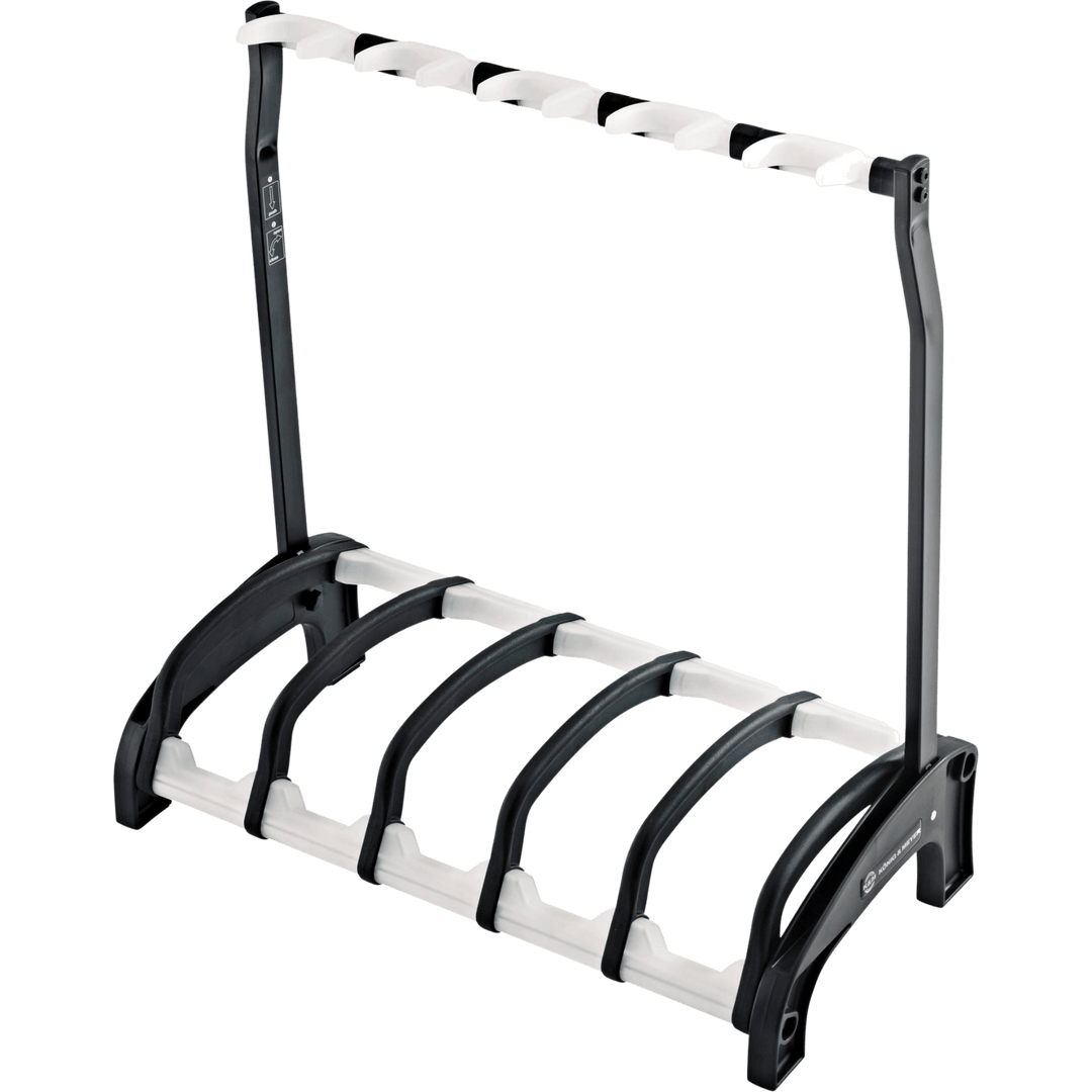 K&M Atril Guitarra o Bajo Múltiple (5 guit/bajo) | Atril para 5 guitarras o bajos 17525-016-00 BK MULTIPLE 5 INST de K&M The Guardian sostiene de forma segura hasta 5 guitarras o bajos, ahorrando espacio. Los soportes para instrumentos especialmente ajust