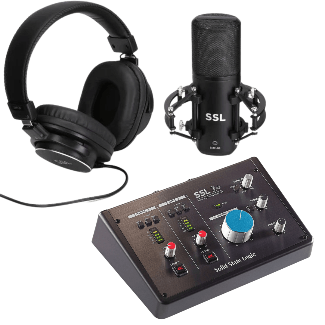 Solid State Logic SSL2+ Recording Pack - Pack de Grabación | Grabación profesional más fácilSSL Production Pack incluye todo lo que necesitas para empezar a grabar ya. Sólo tienes que conectar tu micrófono y auriculares SSL a tu interfaz SSL 2+ y empezar