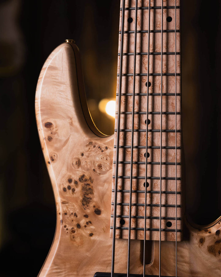 Fodera Emperor 5 Standard Special Poplar Burl 2023 - Bajo Eléctrico | Cuerpo • Modelo: Emperor • Madera: Alder • Top: Poplar Burl • Terminación: Matte Brazo • Madera: 3 Piezas de Hard-Rock Maple• Perfil: Regular• Terminación: Satin • Espaciado: 17.5 mm• E