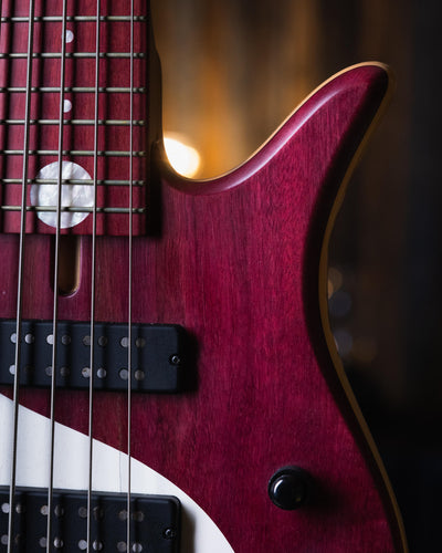 Fodera Yin Yang 5 Purple Heart 2010 - Bajo Eléctrico | Cuerpo • Modelo: Monarch• Madera: Alder• Top: Purple Heart Yin Yang• Terminación: Satin Brazo • Madera: 3 Piezas de Hard-Rock Maple• Perfil: “C”• Terminación: Satin • Espaciado: 19 mm• Escala: 34” • N