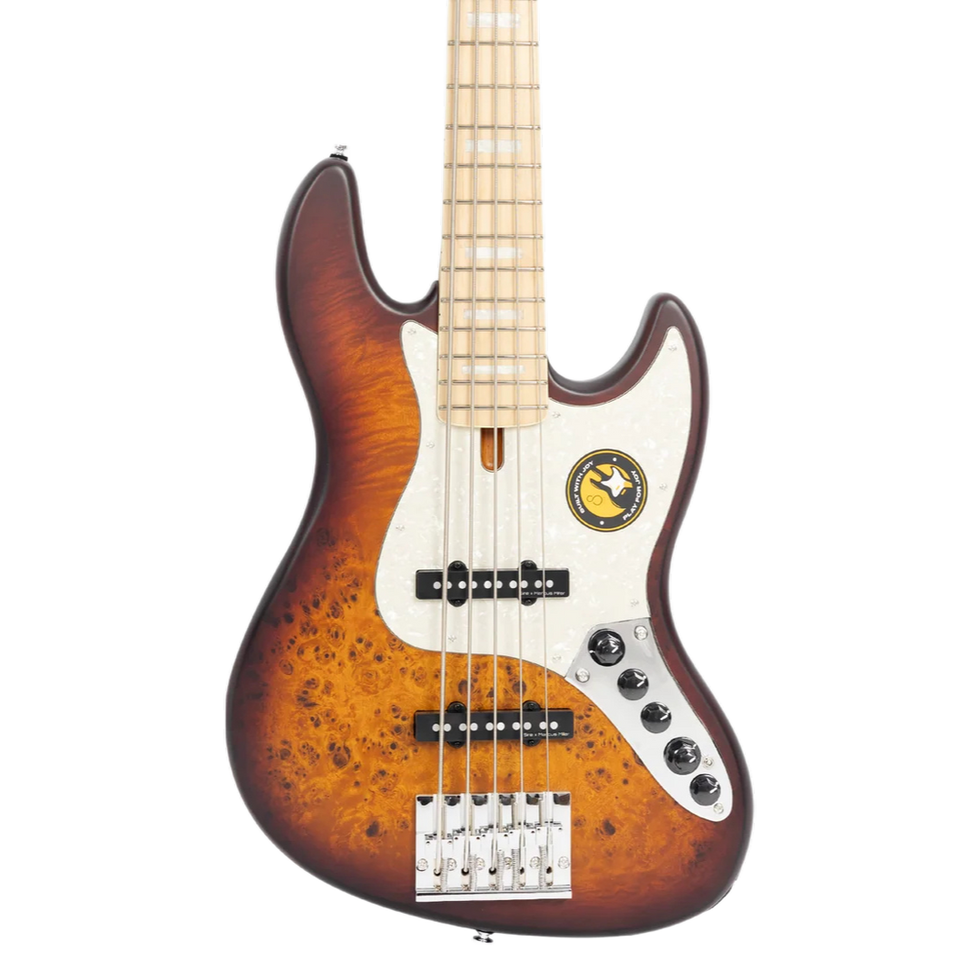 Sire V7 Ash-5 Reissue Tobacco Sunburst Poplar Burl Satin (2nd Gen) - Bajo Eléctrico | Esta variante fue descontinuada debido a un desequilibrio global en el suministro de madera de fresno Swamp Ash en 2021. Anteriormente, era un modelo emblemático y recib