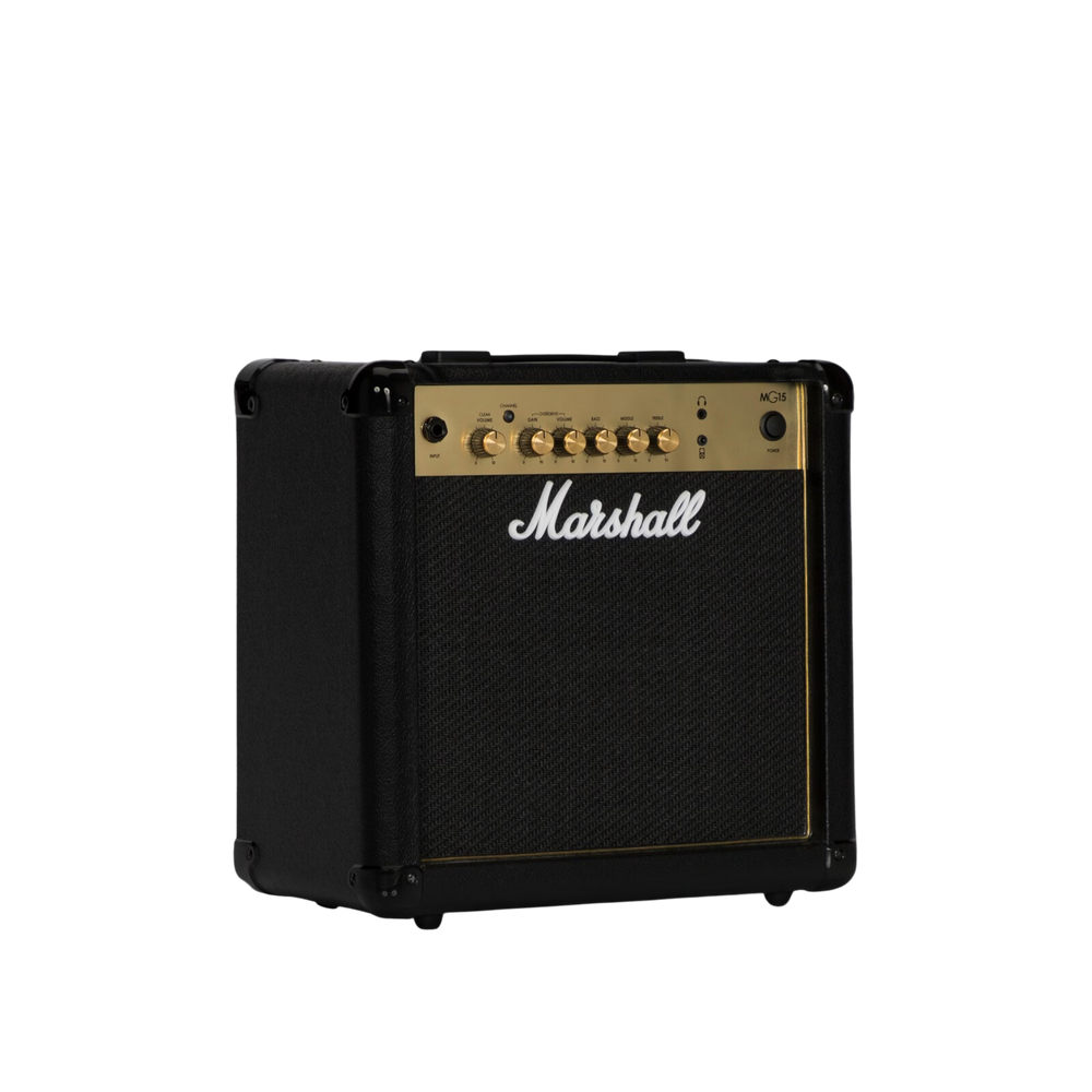 Marshall MG15 Gold | El Marshall MG15 Gold es un amplficador de guitarra compacto con el clásico tono característico de los amplificadores Marshall. Con 15W de potencia y un parlante de 8" es capaz de cubrir tus necesidades para ensayos, prácticas e inclu