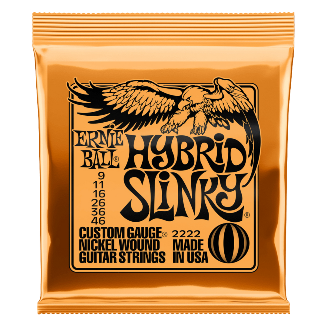 Ernie Ball 2222 Nickel Wound Hybrid Slinky (09-46) - Cuerdas de Guitarra Eléctrica | Las cuerdas Ernie Ball Hybrid Slinky son perfectas para aquellos a los que les gusta la capacidad de combinar las Super y Regular Slinkys. Estas cuerdas son fabricadas co