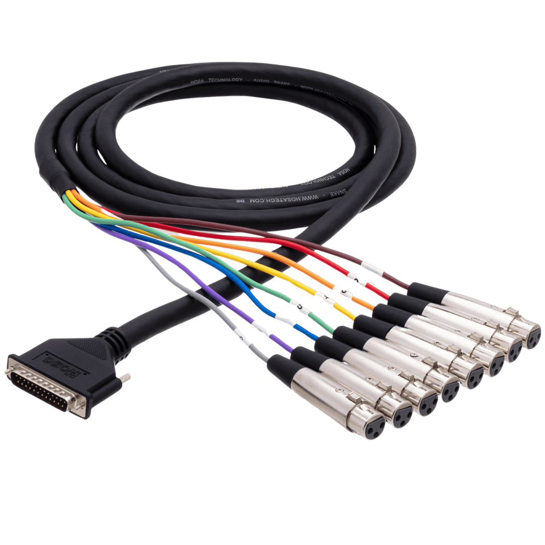 Cable Hosa DTF-803 Multipin DB25 a 8 XLR3 Hembra | Cable Multipin DB25 a XLR hembra de 3 mts. Esta serpiente está diseñada para conectar equipos con salidas DB25 a equipos con entradas XLR. Es ideal para usar con mesas de mezclas, bahías de conexión y gra