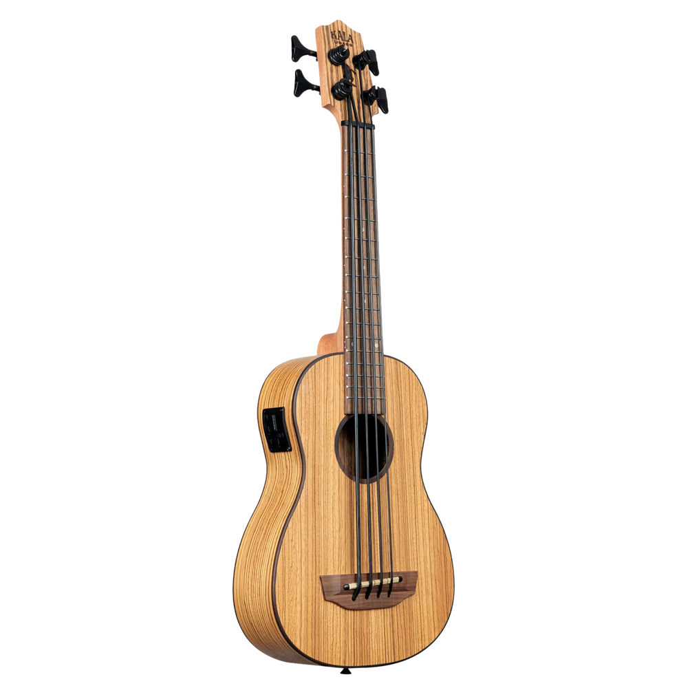 Ubass Kala Zeb-Fs - Bajo Ukulele | La Zebrawood del Ubass Kala Zeb-Fs recibe su nombre y apariencia exótica de las rayas alternas de color canela y marrón oscuro parecidas a una cebra de la veta de la madera. El atractivo Zebrawood ofrece bajos y agudos b
