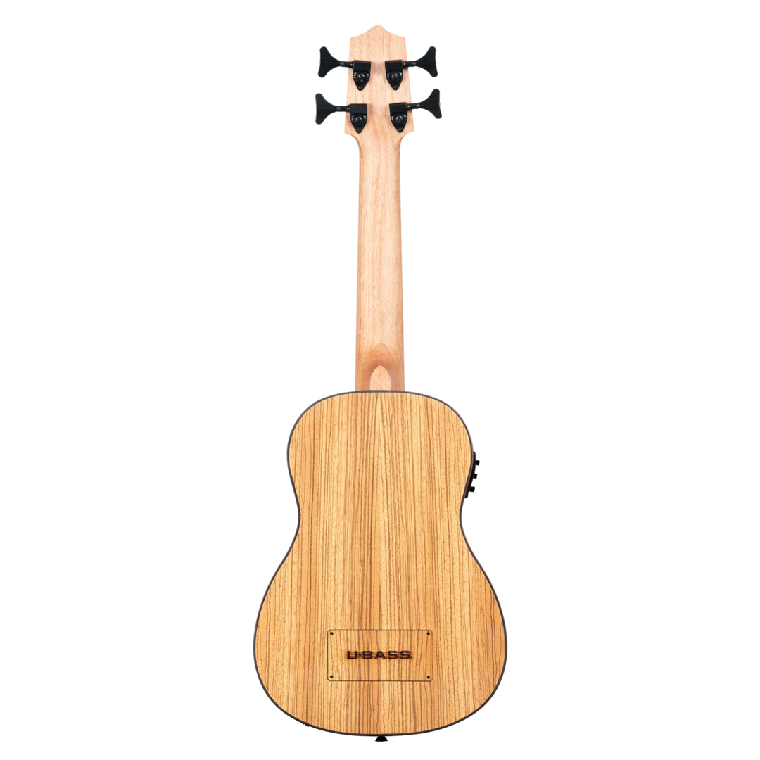 Ubass Kala Zeb-Fs - Bajo Ukulele | La Zebrawood del Ubass Kala Zeb-Fs recibe su nombre y apariencia exótica de las rayas alternas de color canela y marrón oscuro parecidas a una cebra de la veta de la madera. El atractivo Zebrawood ofrece bajos y agudos b