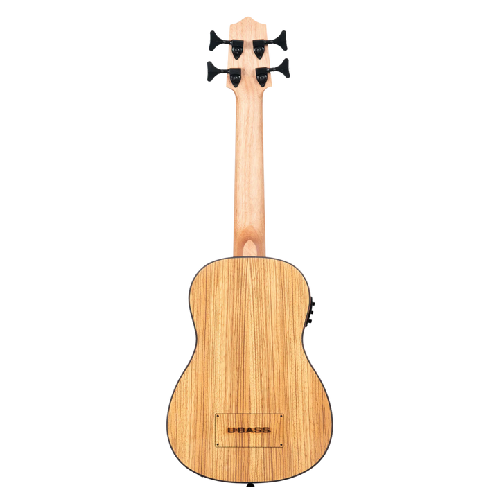 Ubass Kala Zeb-Fs - Bajo Ukulele | La Zebrawood del Ubass Kala Zeb-Fs recibe su nombre y apariencia exótica de las rayas alternas de color canela y marrón oscuro parecidas a una cebra de la veta de la madera. El atractivo Zebrawood ofrece bajos y agudos b