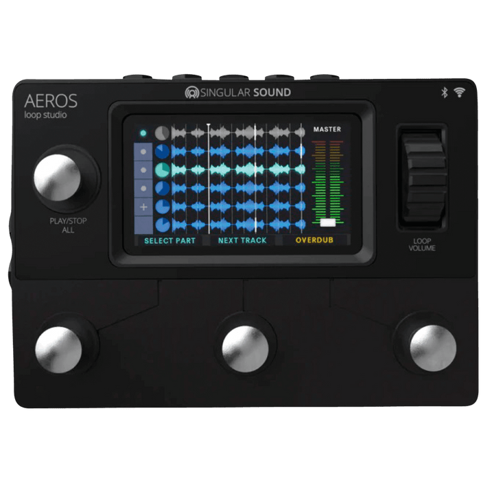 Singular Sound Aeros Loop Studio - Stock B - Pedal de Guitarra | Pedal Looper estéreo de 6 pistas con pantalla táctil, mezcla manos libres, looping paralelo y secuencial simultáneo y Wi-Fi/Bluetooth. Pedal Type • Looper Input • 1 x 1/4" Output • 1 x 1/4"