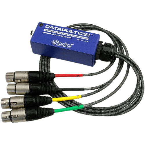 Radial Catapult Mini RX - Snake Cat5 de 4 canales | El Catapult Mini es un snake de audio pasivo y compacto que te permite enviar cuatro canales de audio analógico a través de un cable Ethernet estándar Cat 5 o Cat 6. Aporte Puerto RJ45 Salidas 4 x XLR ma