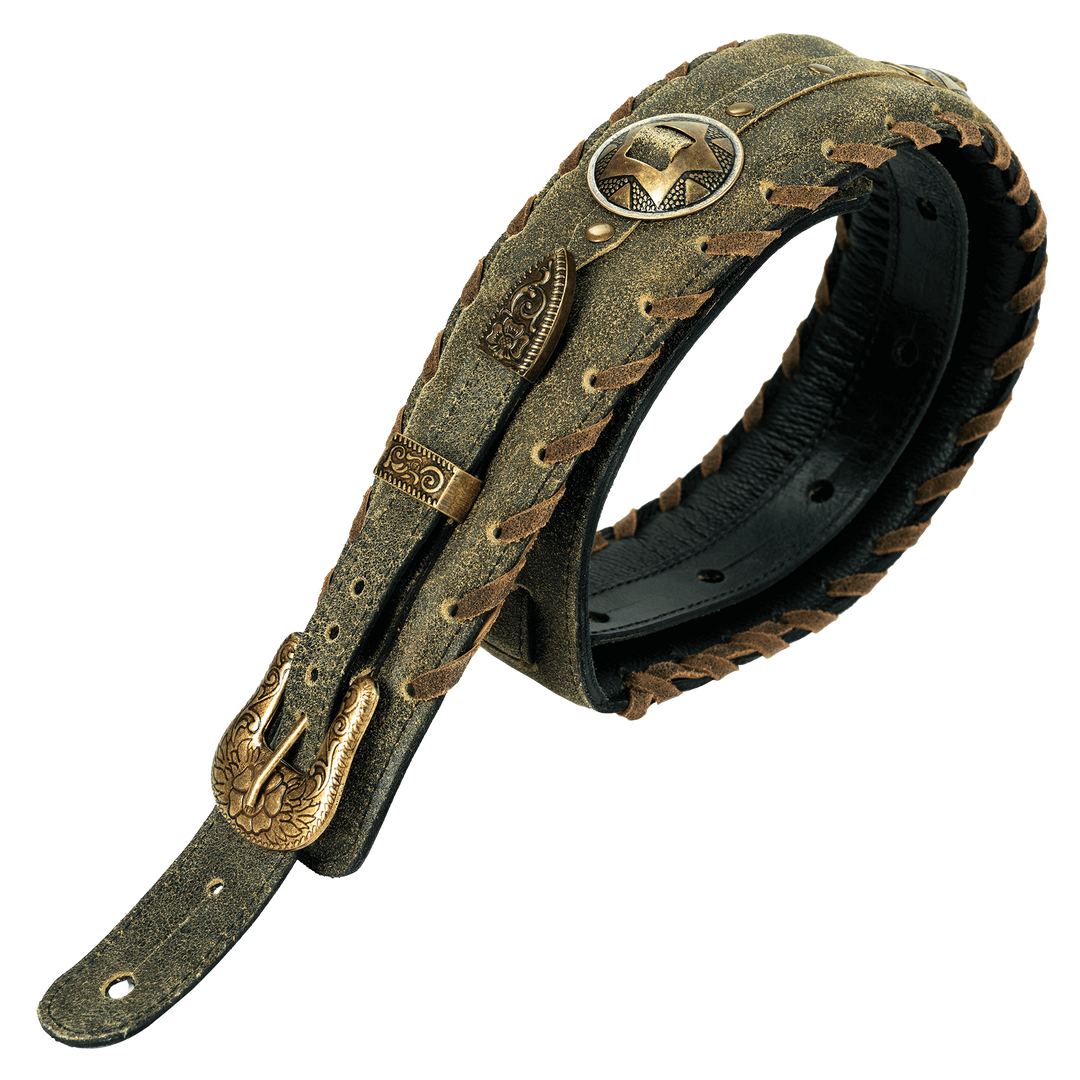 Evo Tex-Mex 3” Verde Envelhecido - Correa de Bajo | * Foto referencial: Al ser un producto de cuero, el color y patrón de puede variar ligeramente* Hecha a mano en Brasil* Largo mínimo: 110cm. (Aproximadamente) | Gearhub