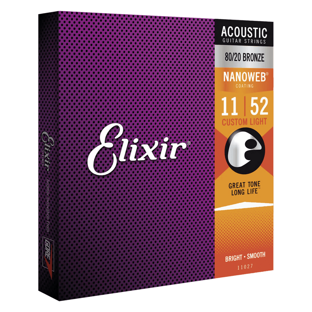 Elixir Acoustic Bronze Nanoweb Custom Light (11-52) - Cuerdas de Guitarra acústica | Las cuerdas de bronce Elixir® Acoustic 80/20 con recubrimiento NANOWEB brindan un tono brillante y vivo junto con la vida útil prolongada que los músicos esperan de las c