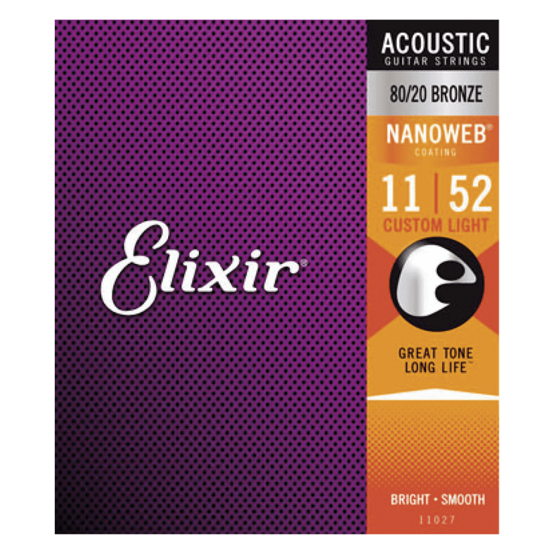 Elixir Acoustic Bronze Nanoweb Custom Light (11-52) - Cuerdas de Guitarra acústica | Las cuerdas de bronce Elixir® Acoustic 80/20 con recubrimiento NANOWEB brindan un tono brillante y vivo junto con la vida útil prolongada que los músicos esperan de las c