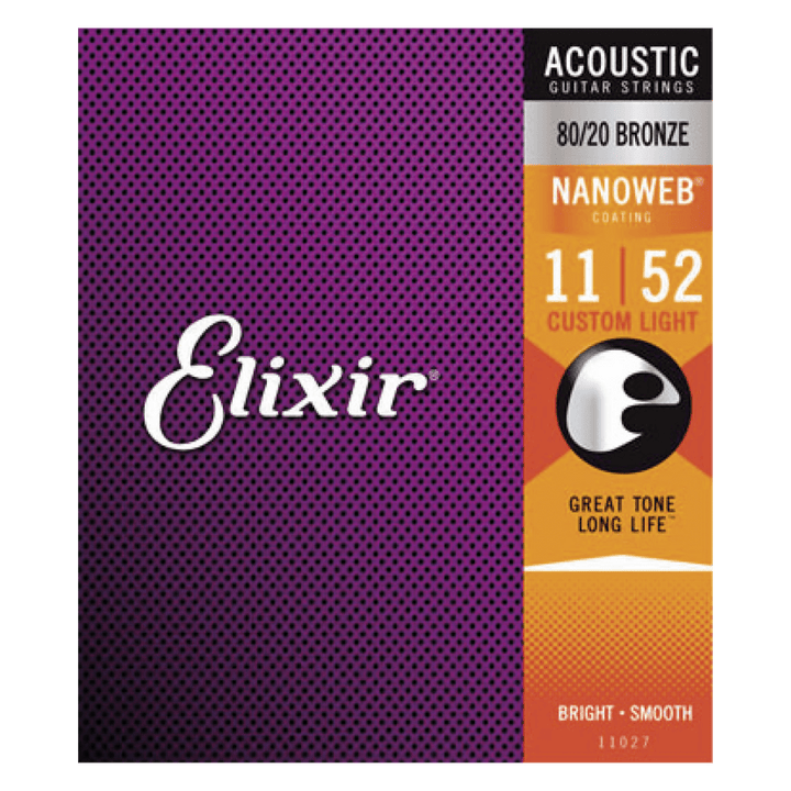 Elixir Acoustic Bronze Nanoweb Custom Light (11-52) - Cuerdas de Guitarra acústica | Las cuerdas de bronce Elixir® Acoustic 80/20 con recubrimiento NANOWEB brindan un tono brillante y vivo junto con la vida útil prolongada que los músicos esperan de las c