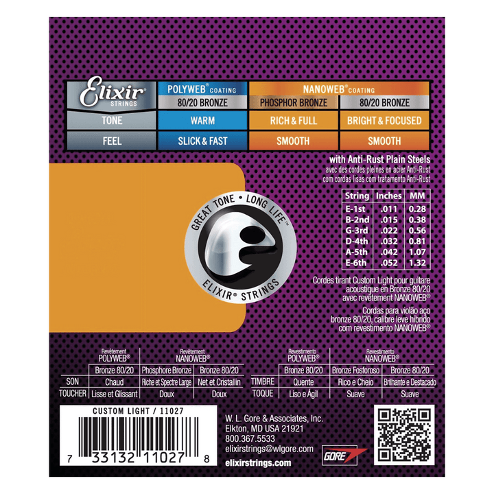 Elixir Acoustic Bronze Nanoweb Custom Light (11-52) - Cuerdas de Guitarra acústica | Las cuerdas de bronce Elixir® Acoustic 80/20 con recubrimiento NANOWEB brindan un tono brillante y vivo junto con la vida útil prolongada que los músicos esperan de las c