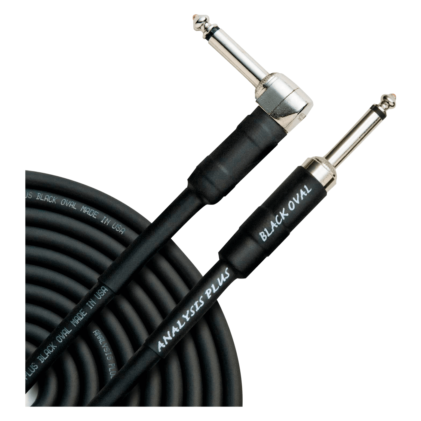 Analysis Plus Black Oval (4.6m) St-90 - $164990 - Gearhub - The Analysis Plus Bass Oval Instrument Cable with Overmold Plug w/Straight-Angle Plugs is the ultimate bass cable - with massive 16 gauge conductors there will be no loss in signal for the full-bodied sound you have been looking for. The geometry is Analysis Plus' patented hollow oval woven design to give you the performance your equipment deserves.